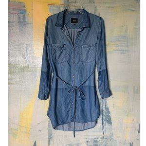 Rails Two-Tone Chambray-Look Button-Up Dress with Tie Waist - Medium